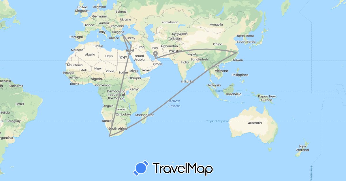 TravelMap itinerary: driving, plane in United Arab Emirates, China, Egypt, Lebanon, Turkey, South Africa (Africa, Asia)